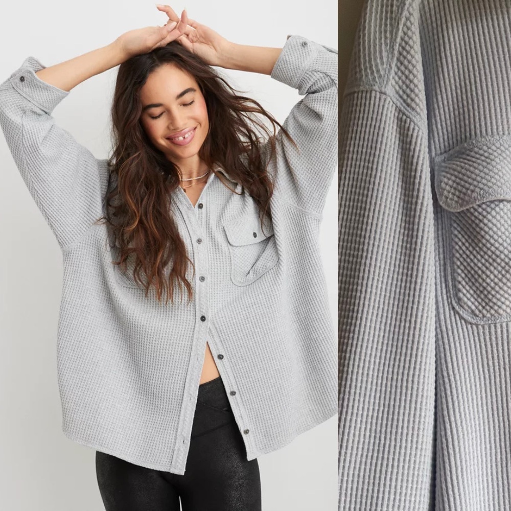 Aerie Sz L LumberJane Waffle Light Baby Blue Button Front Shacket Shirt